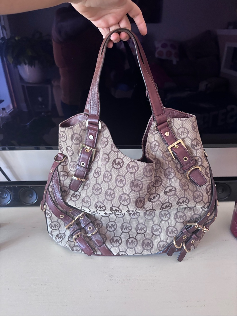 Michael Kors Beige Monogram Shoulder Bag with Brown Trim
